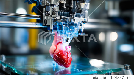 3D printer nozzle meticulously crafting a realistic human heart model layer by layer 3D printer nozzle meticulously crafting a realistic human heart model layer by layer 124887159