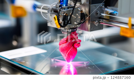 3D printer nozzle meticulously crafting a realistic human heart model layer by layer 3D printer nozzle meticulously crafting a realistic human heart model layer by layer 124887160