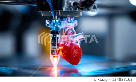 3D printer nozzle meticulously crafting a realistic human heart model layer by layer 124887162