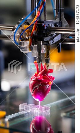 3D printer nozzle meticulously crafting a realistic human heart model layer by layer 124887172