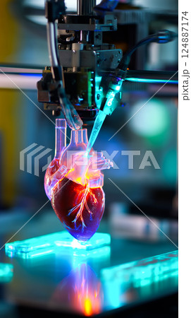 3D printer nozzle meticulously crafting a realistic human heart model layer by layer 3D printer nozzle meticulously crafting a realistic human heart model layer by layer 124887174