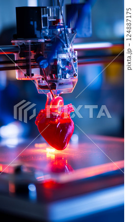 3D printer nozzle meticulously crafting a realistic human heart model layer by layer 3D printer nozzle meticulously crafting a realistic human heart model layer by layer 124887175
