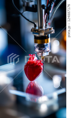 3D printer nozzle meticulously crafting a realistic human heart model layer by layer 3D printer nozzle meticulously crafting a realistic human heart model layer by layer 124887176