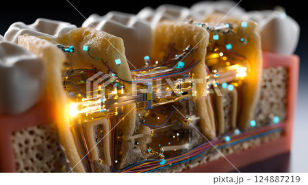 Dental nanorobots performing delicate microsurgery on gum tissue, removing diseased cells Dental nanorobots performing delicate microsurgery on gum tissue, removing diseased cells 124887219