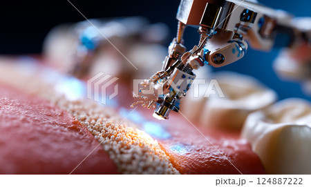 Dental nanorobots performing delicate microsurgery on gum tissue, removing diseased cells Dental nanorobots performing delicate microsurgery on gum tissue, removing diseased cells 124887222