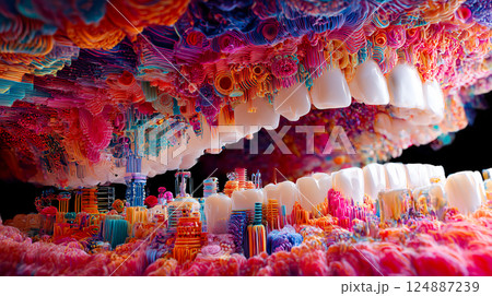 A surreal and highly detailed macro view inside a mouth. A surreal and highly detailed macro view inside a mouth. 124887239