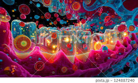 A surreal and highly detailed macro view inside a mouth. 124887240
