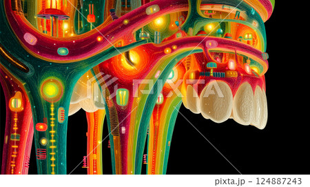 A surreal and highly detailed macro view inside a mouth. 124887243
