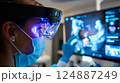 Dentist analyzing a complex, futuristic digital interface displaying a detailed 3D scan 124887249