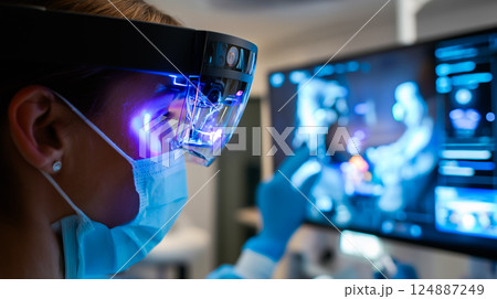Dentist analyzing a complex, futuristic digital interface displaying a detailed 3D scan 124887249