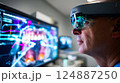Dentist analyzing a complex, futuristic digital interface displaying a detailed 3D scan 124887250