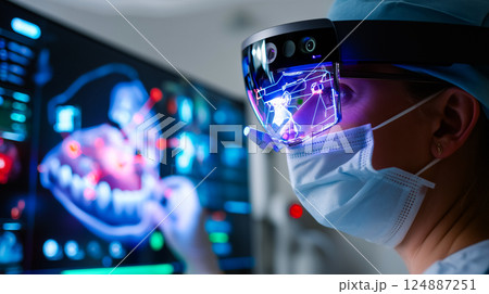 Dentist analyzing a complex, futuristic digital interface displaying a detailed 3D scan 124887251
