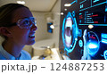 Dentist analyzing a complex, futuristic digital interface displaying a detailed 3D scan 124887253