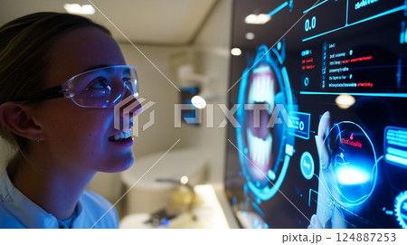 Dentist analyzing a complex, futuristic digital interface displaying a detailed 3D scan Dentist analyzing a complex, futuristic digital interface displaying a detailed 3D scan 124887253