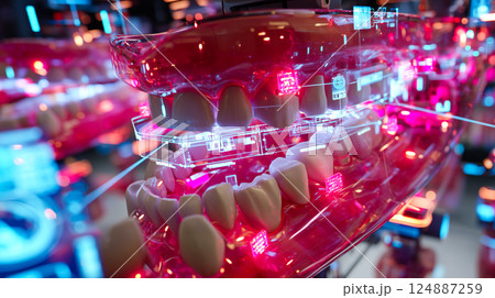 Dental nanorobots performing delicate microsurgery on gum tissue, removing diseased cells Dental nanorobots performing delicate microsurgery on gum tissue, removing diseased cells 124887259