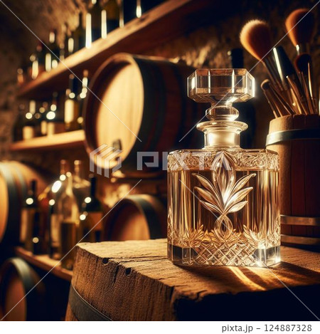 熟成した古いお酒!後ろには酒樽や瓶が沢山 熟成した古いお酒!後ろには酒樽や瓶が沢山 124887328