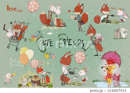 Cute Birthday cartoon hares and fox set Cute Birthday cartoon hares and fox set 124887431