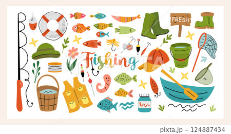 Colorful flat-style vector fishing set with rods, fish, hooks, baits, boots, boat, and accessories. Hand-drawn summer clipart for kids, posters, cards, and prints. Colorful flat-style vector fishing set with rods, fish, hooks, baits, boots, boat, and accessories. Hand-drawn summer clipart for kids, posters, cards, and prints. 124887434