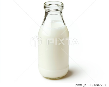 Glass bottle filled with fresh milk on a clean white background Glass bottle filled with fresh milk on a clean white background 124887794