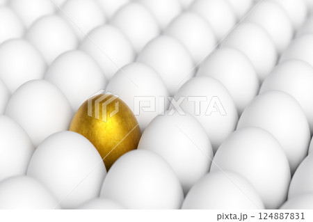 Individiuality and difference concept.Standing golden egg in between common eggs. Individiuality and difference concept.Standing golden egg in between common eggs. 124887831
