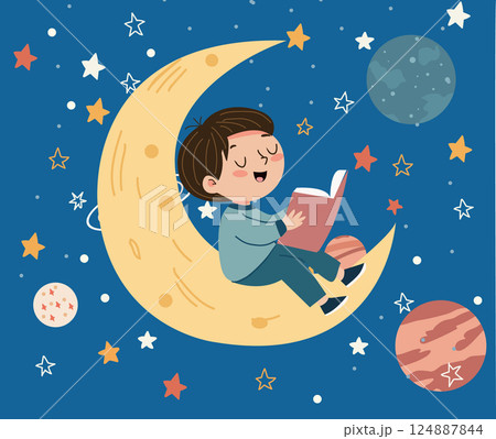 little boy sitting on moon and holding open a book in his hand. little boy sitting on moon and holding open a book in his hand. 124887844