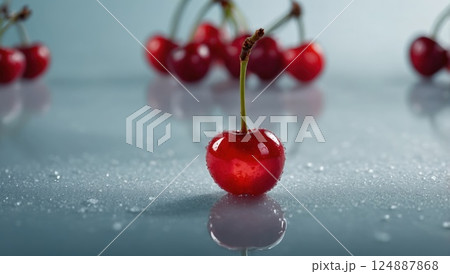 Red Cherry With Dewdrops on Reflective Surface Red Cherry With Dewdrops on Reflective Surface 124887868
