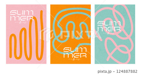 Summer bright cover, card or poster set in flat minimal style for corporate identity, social media ads, promo. Modern design template in trendy geometric style with vintage paper texture. Vector 124887882