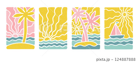 Vintage boho groovy palm tree beach sun sea covers set. Surf club vacation and sunny summer day aesthetic. Vector flat illustration background in trendy retro naive simple style with grungy texture 124887888