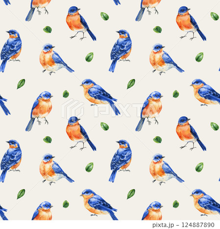 watercolor seamless pattern with bluebirds green leaves, spring forest birds illustration, orange blue birds wallpaper watercolor seamless pattern with bluebirds green leaves, spring forest birds illustration, orange blue birds wallpaper 124887890