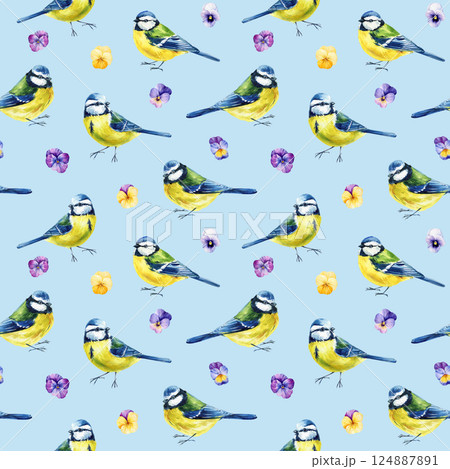 watercolor seamless pattern with blue tit birds and colorful pansy flowers, spring bird, floral pattern on background watercolor seamless pattern with blue tit birds and colorful pansy flowers, spring bird, floral pattern on background 124887891