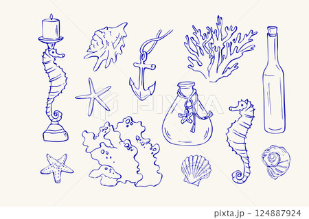 set of hand drawn sea doodles blue set of hand drawn sea doodles blue 124887924