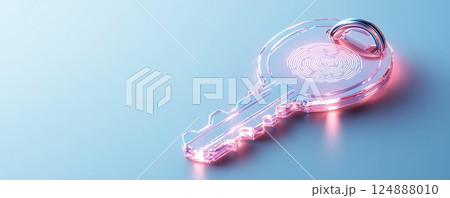 Glowing Transparent Key with Swirls on Blue Background 124888010