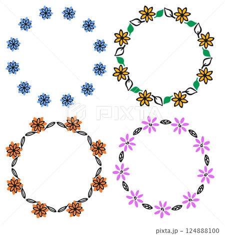 Flower Frame outline circle, cute floral wreath, doodle art style design border. Hand drawn blob brush stroke, black sketch line plant leaves element. Empty text space. Colourful vector illustration 124888100