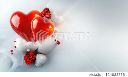 Romantic red hearts and flowers on soft background for love 124888256