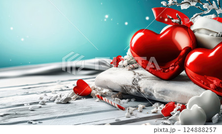 Romantic red hearts on snowy surface, perfect for Valentine Day 124888257
