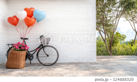 charming bicycle with heart shaped balloons and flowers against white wall 124888320