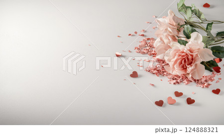 Beautiful floral arrangement with hearts and confetti for celebrations 124888321