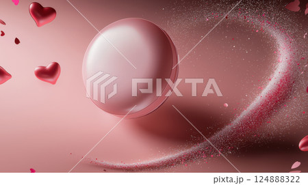 vibrant pink sphere surrounded by floating hearts and colorful confetti, perfect for Valentine 124888322