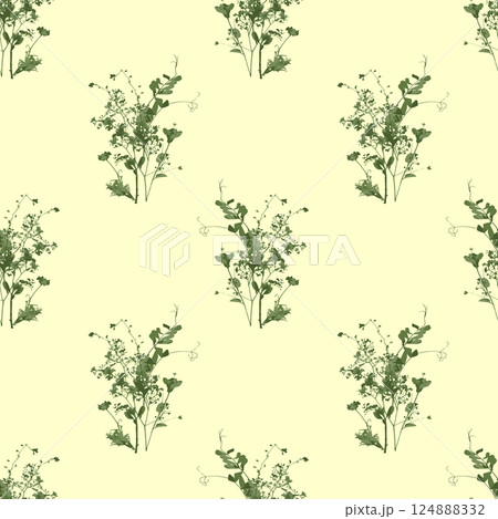 Seamless pattern with bunches of different grass and herbs. Floral cottagecore background. Dry herbarium plants wallpaper. 124888332