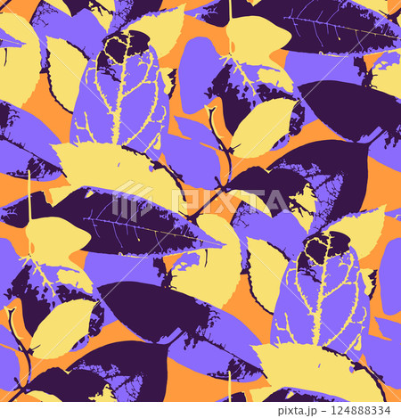 Seamless pattern with dry herbarium leaves in bold vivid colors. Cottagecore foliage wallpaper. Boho botanical texture Seamless pattern with dry herbarium leaves in bold vivid colors. Cottagecore foliage wallpaper. Boho botanical texture 124888334