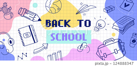 Back to school horizontal banner with doodle icons, grid paper, supplies, and pastel shapes, creative vector design for education season 124888347