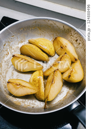 Sauted Pears in a Skillet with Caramelized Texture Sauted Pears in a Skillet with Caramelized Texture 124888496