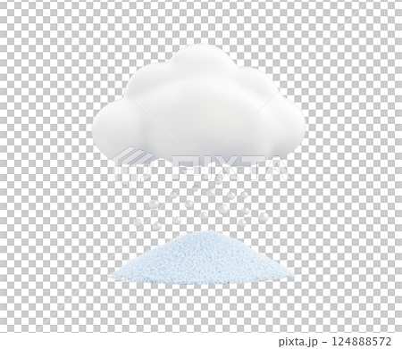 Minimalist winter landscape scene with a soft white cloud and falling snowflakes on a plain light blue background  Simple graphic design with a focus on the winter weather elements 124888572
