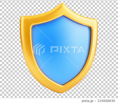 Glossy metallic blue and gold shield icon design symbolizing digital security safety and protection  This 3D rendered shield shaped can be used as a UI or UX element for web app 124888630