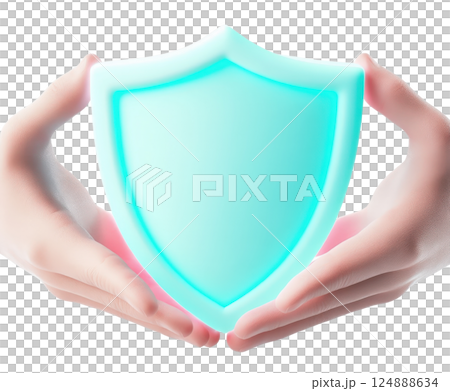 Protective Shield Icon Held in Hands Showcasing Brand Identity Security and Safety Concept  Transparent Minimalist Graphic Design for Digital Assets Branding and Commercial Use 124888634