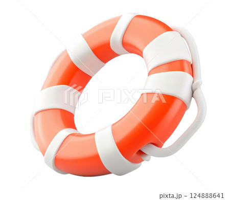 Vibrant red and white striped life preserver buoy an essential lifesaving equipment for swimming boating and other water activities to ensure safety and protection in an emergency situation 124888641