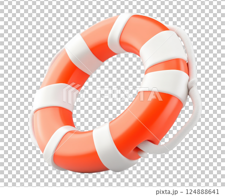 Vibrant red and white striped life preserver buoy an essential lifesaving equipment for swimming boating and other water activities to ensure safety and protection in an emergency situation 124888641