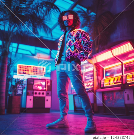 Retro 80s Neon Style Fashion Male Model in Futuristic Cityscape 124888745