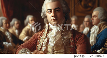 Historic gathering of musicians discussing compositions in the era of Wolfgang Amadeus Mozart. Header banner mockup with copy space. 124888824