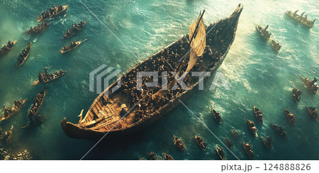 Clash of Achilles and the Trojans in a fierce battle at the legendary shores. Header banner mockup with copy space. 124888826